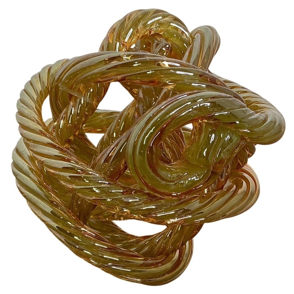 Golden Amber Art Glass Knot Orb Sculpture Twisted Ribbed Modern Decor 7"